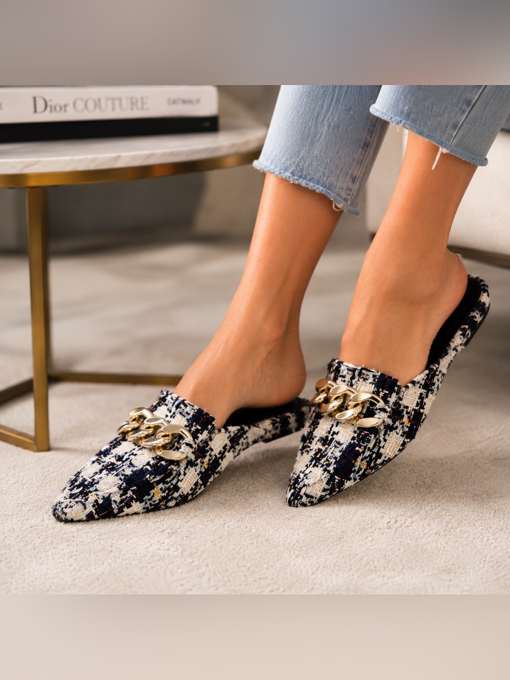Steve Madden Finn Tweed Gold Chain Pointed Toe Mule Flats Size 8